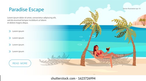 Landing web page template with Dream scene with Beautiful beach. People on summer vacation concept. A young woman lies on a Hammock between two palm trees and relaxes. Flat Art Vector illustration