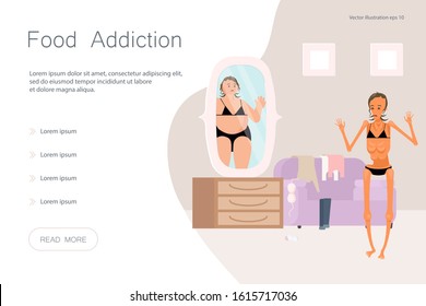 Landing web page template with Eating disorder, anorexia or bulimia concept. Super Skinny woman looking in mirror and seeing herself as overweight. Flat Art Vector illustration