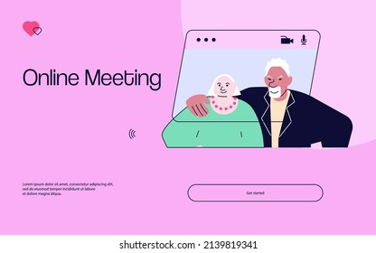 Plantilla de página web de aterrizaje de ancianos charlando en videollamadas. Personas mayores que se reúnen en línea en su casa. Ilustración plana del vector