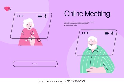 Landing web page template of Elders chatting on video call. Elderly people having online meeting at their home. Vector flat illustration