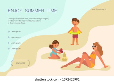 Landing web page template Enjoy Summer Time. Mom or babysitter with children on the sea coast beach. Flat Art Vector illustration