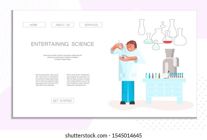 Landing web page template for Entertaining Science. Chemical or biological experiences for children and adults. Flat Art Vector illustration