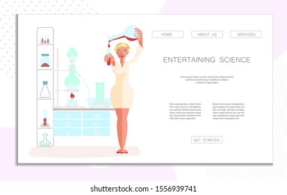 Landing web page template for Entertaining Science. Chemical or biological experiences for children and adults. Flat Art Vector illustration