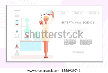 Landing web page template for Entertaining Science. Chemical or biological experiences for children and adults. Flat Art Vector illustration