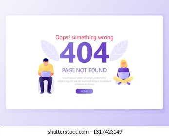 Landing web page template of error 404 with people with laptops, computers. Disconnection from the Internet, unavailable page, page not found. Flat concept vector illustration