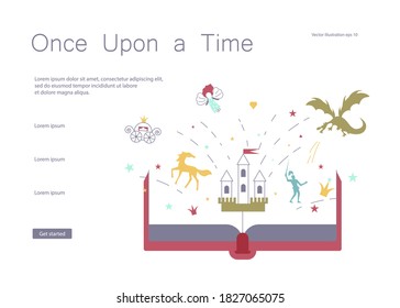 Landing web page template of Fairy Tales Audiobook service. Internet library for children or Online education. Flat Art Vector Illustration