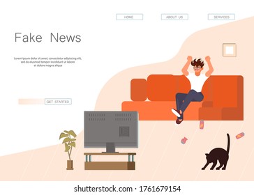 Landing web page template with fake news concept. Man in shock is watching the news while sitting on the couch. Flat Art Vector Illustration