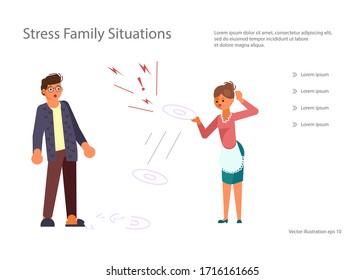 Landing web page template with family scandal concept. Man in shock looks at his wife. Woman scandals and beats dishes on white background. Disagreement in relationship. Flat Art Vector illustration