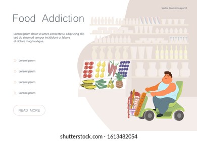 Landing web page template with Fat obese disabled man on shopping motorcycle cart choosing vegetables and fruit in grossery. Overweight guy on supermarket background. Flat Art Vector illustration
