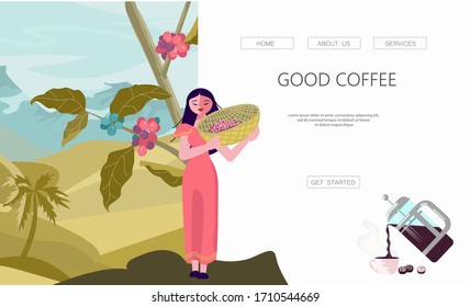 Landing web page template with female coffee farmer hold basket with mature coffee beans. Panoramic coffee plantation landscape. Branch with coffee beans and hills. Flat Art Vector Illustration