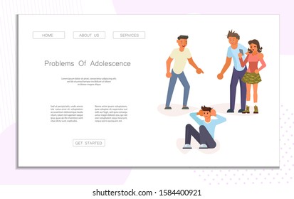 Landing web page template Group students or school people conflict concept in flat design. Teens are mocking for Sad teenage boy sitting on floor isolated. Flat Art Vector Illustration