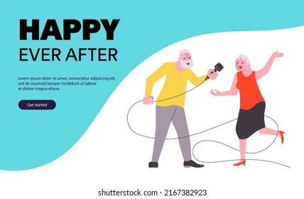 Landing Web Page Template With Happy Active Old Age Concept. Joyful Elderly People Singing Karaoke. Flat Art Vector Illustration.