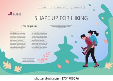 Landing web page template with Hiking trekking people. Happy man and woman backpackers hikers travel together. Bundle of adventure and camping in nature. Flat Art Vector Illustration