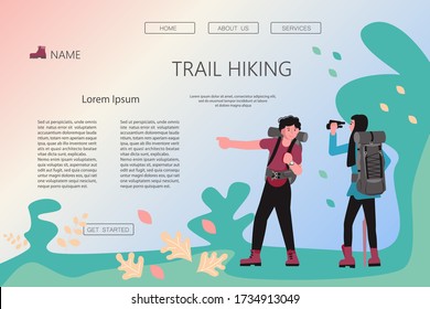 Landing web page template with Hiking trekking people. backpackers hikers travel together, look through binoculars and show direction. Adventure and camping in nature. Flat Art Vector Illustration