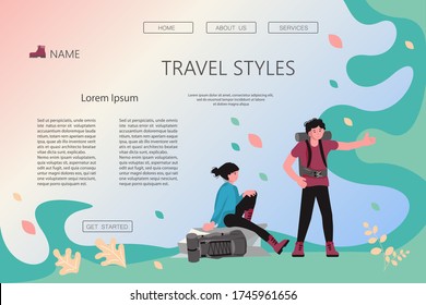 Plantilla de página web de aterrizaje con gente de senderismo. Felices caminantes de mochileros viajan juntos, votan en la carretera. Aventura y camping en la naturaleza. Ilustración de vectores de arte plano