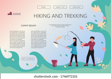 Landing web page template with Hiking trekking people. Happy man and woman backpackers hikers travel together and fish in the lake. Adventure and camping in nature. Flat Art Vector Illustration