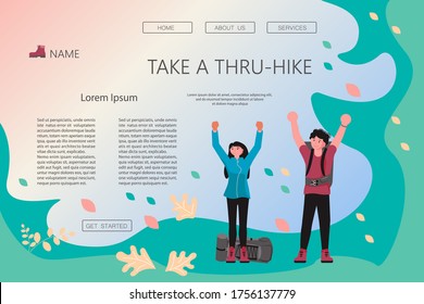 Landing web page template of Hiking trekking people. Happy man and woman backpackers hikers travel together and enjoy their achievements. Adventure and camping in nature. Flat Art Vector Illustration 