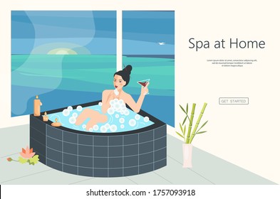 Landing web page template for home spa. Beautiful brunet woman sits in bathtube and drinks a wine. Sunset landscape and candls. Flat Art Vector Illustration