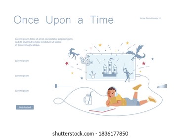 Landing web page template of home schooling. Little boy pupil of elementary school lying on your stomach and doing homework online at home. Flat Art Vector Illustration