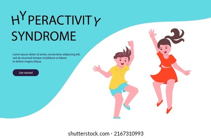 Landing web page template with Hyperactive Children Problem Behavior. Kids with Attention Deficit Syndrome are jumping. Flat Art Vector Illustration.