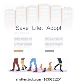 Landing web page template with Legs of people group walking in autumn shoes. Flat design homeless cat and dogs between men and women feet on rain background. Flat Art Vector illustration