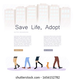 Landing web page template with Legs of people group walking in autumn shoes. Flat design homeless dog between men and women feet on rain background. Flat Art Vector illustration