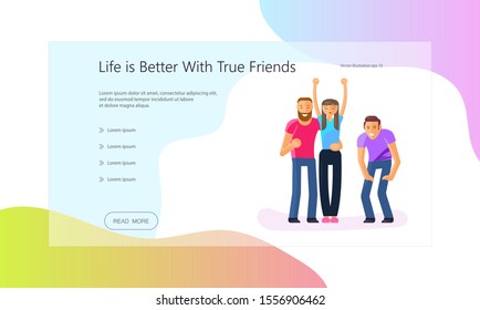 Landing web page template Life is better with true friends. Three best sidekicks scream for joy. Flat Art Vector illustration