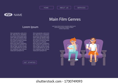 Landing web page template with Little boy and girl in 3d glasses sitting in cinema and watch movie. Children characters with popcorn and soda. Flat Art Vector Illustration