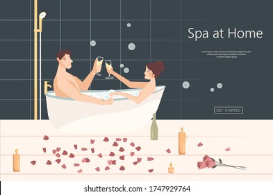Landing web page template with Lovers in bath enjoying with romantic dating enjoying drinking wine. happy romantic couple in love have a home spa day. Flat Art Vector Illustration