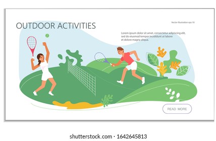 Landing web page template with Male and female tennis players on Green Meadow in Park. Outdoor summer activity, leisure time. Flat Art Vector Illustration