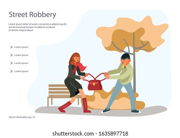 Landing web page template with Man robber snatching a bag from an young woman walking alone. Girl resists thief. Crime concept. Flat Art Vector illustration