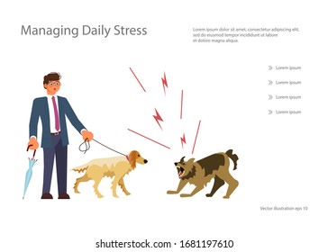 Landing web page template with A man walks with a well-bred thoroughbred dog, an angry mad mongrel attacked them. Flat Art Vector Illustration