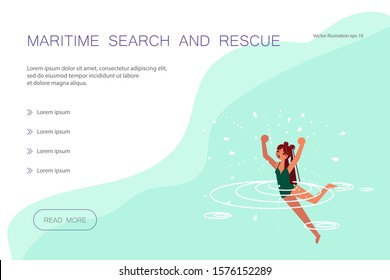 Landing web page template Maritime Search and Rescue. Drowning swimmer girl on blue water background. Flat Art Vector illustration