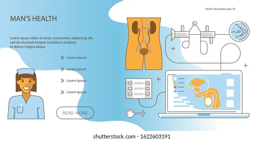 Landing Web Page Template For Mens Health Control. Digital Medicine Design Concept. Telemedicine Urology Healthcare Devices And Medical Healthy Technology. Flat Art Vector Illustration