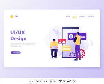 Landing web page template of Mobile App Development. People design mobile app near big smartphone. UI UX design. Modern flat concept vector illustration