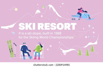 Landing web page template for mountain ski school, resort or skipass. Happy people doing winter sports and have fun. Vector illustration concepts for website and mobile website development