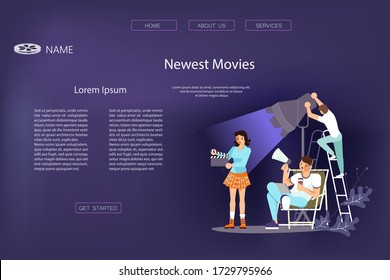 Landing web page template with Movie motion production - the operator adjusts the light, the director speaks in a megaphone, an assistant with a clapperboard. Flat Art Vector Illustration