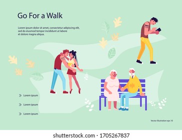 Landing web page template with Old and Young People walking in a park or garden. Male and female strollers have relax on a bench, kissing. Flat Art Vector Illustration