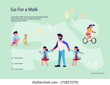 Landing web page template with Old and Young People walking in a park or garden. Man and woman strollers have relax. Flat Art Vector Illustration