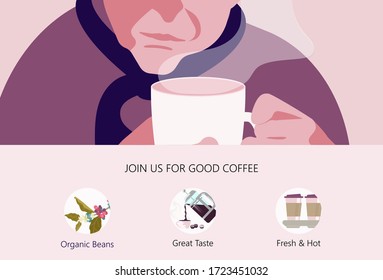Landing web page template with Old Man with Cup of coffee. A hot beverage Concept for Restaurants and coffee shops. Flat Art Vector Illustration