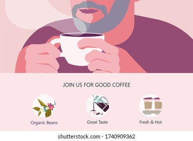 Landing web page template with Old man with Cup of coffee. A hot beverage Concept for Restaurants and coffee shops. Flat Art Vector Illustration