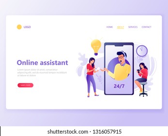 Landing web page template of Online technical support. People near big phone with male hotline operator. Online assistant, virtual help service, 24-7, customer and operator. Flat vector illustration