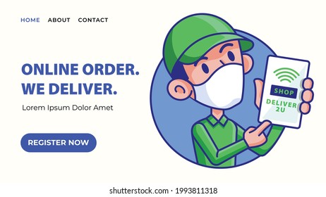Plantilla de página web de lanzamiento de la aplicación de servicio de entrega en línea. Banner web de diseño plano moderno de hombre con gorra tocando en la pantalla del smartphone para mostrar la aplicación de entrega