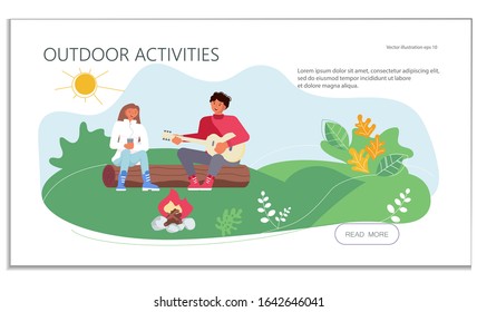 Landing web page template with ouple in love together by the campfire. Outdoor recreation, playing guitar and singing. Outdoor summer activity, leisure time. Flat Art Vector Illustration