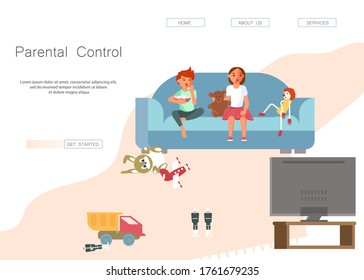 Landing web page template with parental control concept. Children in shock is watching tv while sitting on the couch