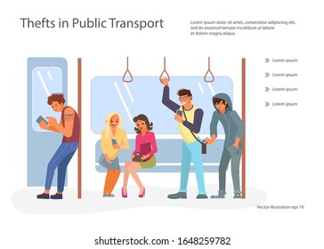 Landing web page template with Passengers using their mobile devices in Public transport. Thief pickpocket stealing wallet or purse from mans bag. Crime concept. Flat Art Vector illustration