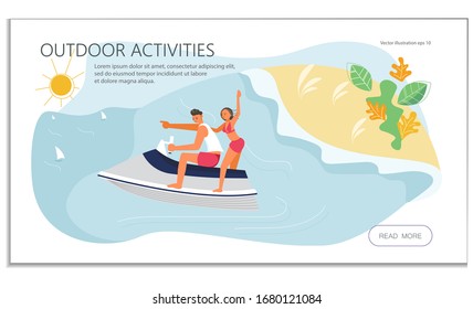 Landing web page template with people have summer vacation on sea. A young man and woman race on aquabike. Flat Art Vector Illustration