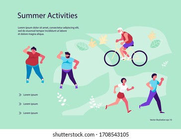 La plantilla de página web de aterrizaje con gente tiene entrenamiento en el parque o en el jardín. Hombre y mujer haciendo jogging en bicicleta y haciendo ejercicios. Ilustración de vectores de arte plano