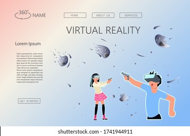 Landing web page template with People character in virtual reality game. Man and woman in vr glasses shoot at ghosts. Flat Art Vector illustration