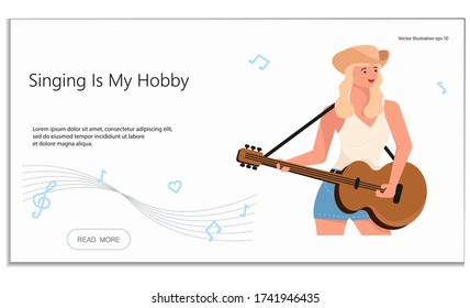 Landing web page template with playing guitar and singing hobby. Happy young woman musician. Flat Art Vector Illustration